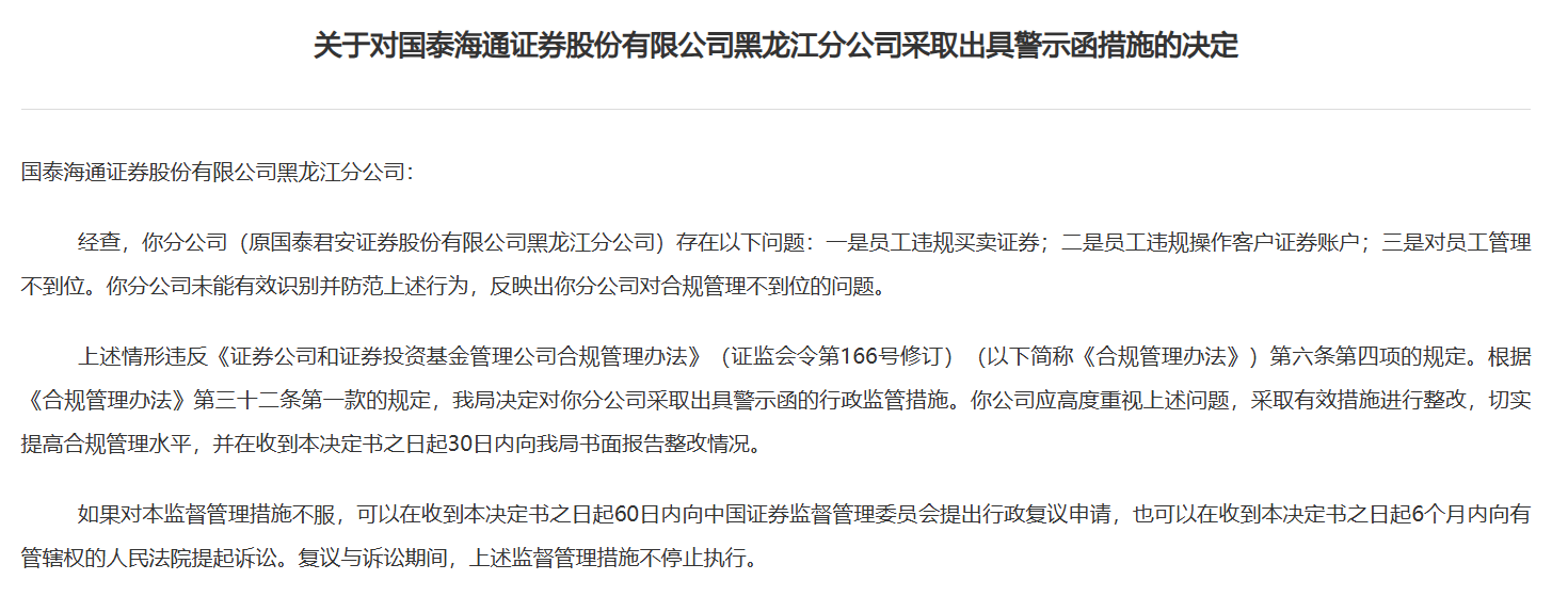 证监会：对财通证券股份有限公司采取警示函措施